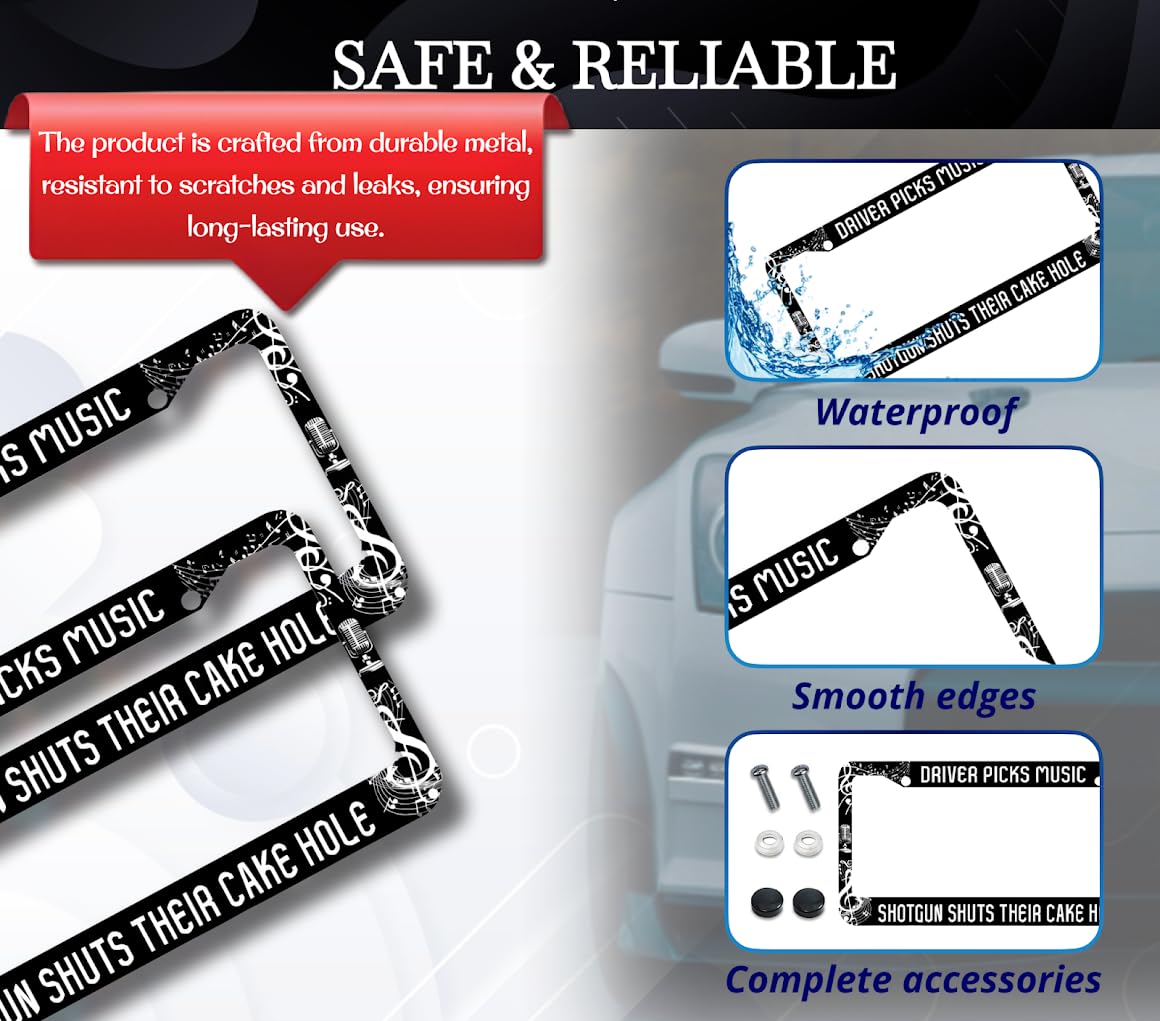 License Plate Frame 6x12.25 Inch - Driver Picks Music Shotgun Shuts Their Cake Hole with 2 Holes and Screws - Metal Frame for Your Car for US Standard License Plate Frames