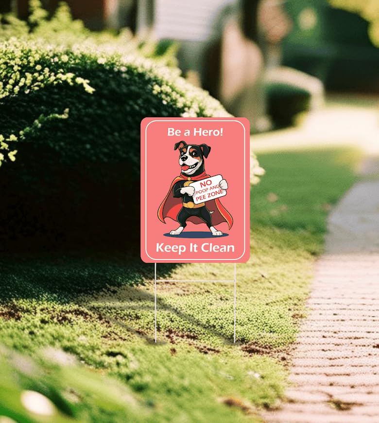 Set of 3 Double Sided 12x8 Inches Plastic Sign With H-Stakes "Be a Hero! No Poop and Pee Zone Keep it Clean" - No Pooping and Peeing Dogs for Yard - Please Clean After Your Animals in the Lawn