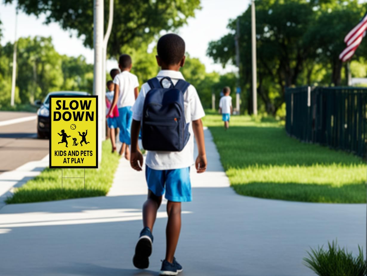 3 Pack Single Sided 8x12 Please Slow Down Kids and Pets at Play Yard Plastic Sign with Metal H-Stakes - Children At Play - Drive Like Your Kids Live Here Safety signs for Street - Cat Crossing Sign