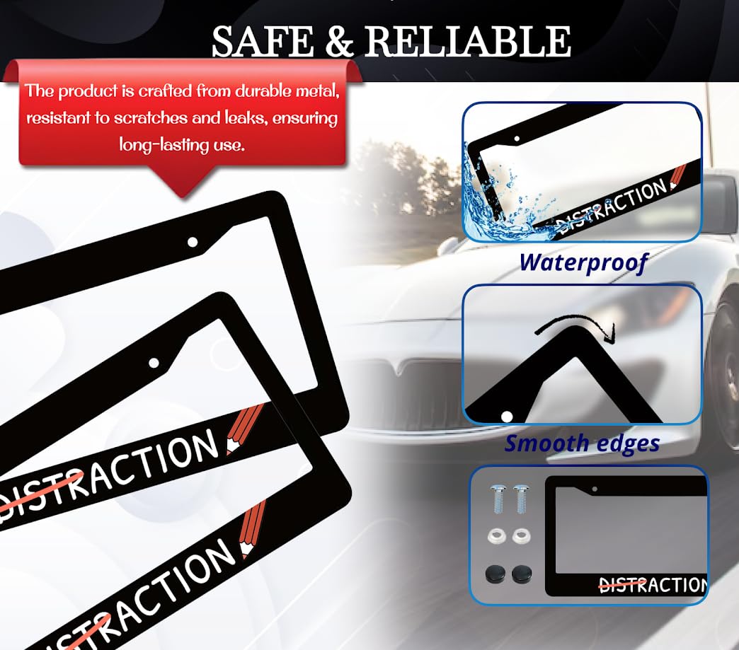 6x12.25 Inch Car Black License Plate Frame with Quote Distraction - Aluminium License Plate Frame with 2 Holes and Screws - Bracket for Standard Cars USA Frames for Front or Rear Automobile