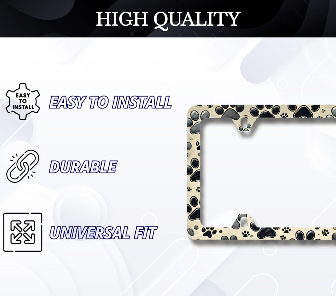 License Plate Frame 6x12.25 Inches - Animal Paw Prints on Black Background - with 4 Standard Slotted Mounting Holes - Number Plates Aluminum Alloy Frames for Your Car - Accessories Frames for Сar