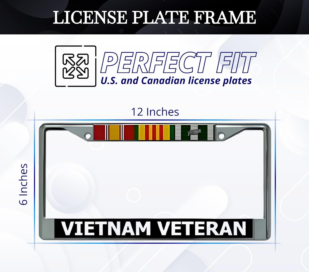 6x12 Inch Car Chrome License Plate Frame Vietnam Veteran - Silver License Plate Frame with 2 Holes and Screws - Bracket for Standard Cars USA Stainless Steel Frames for Front or Rear