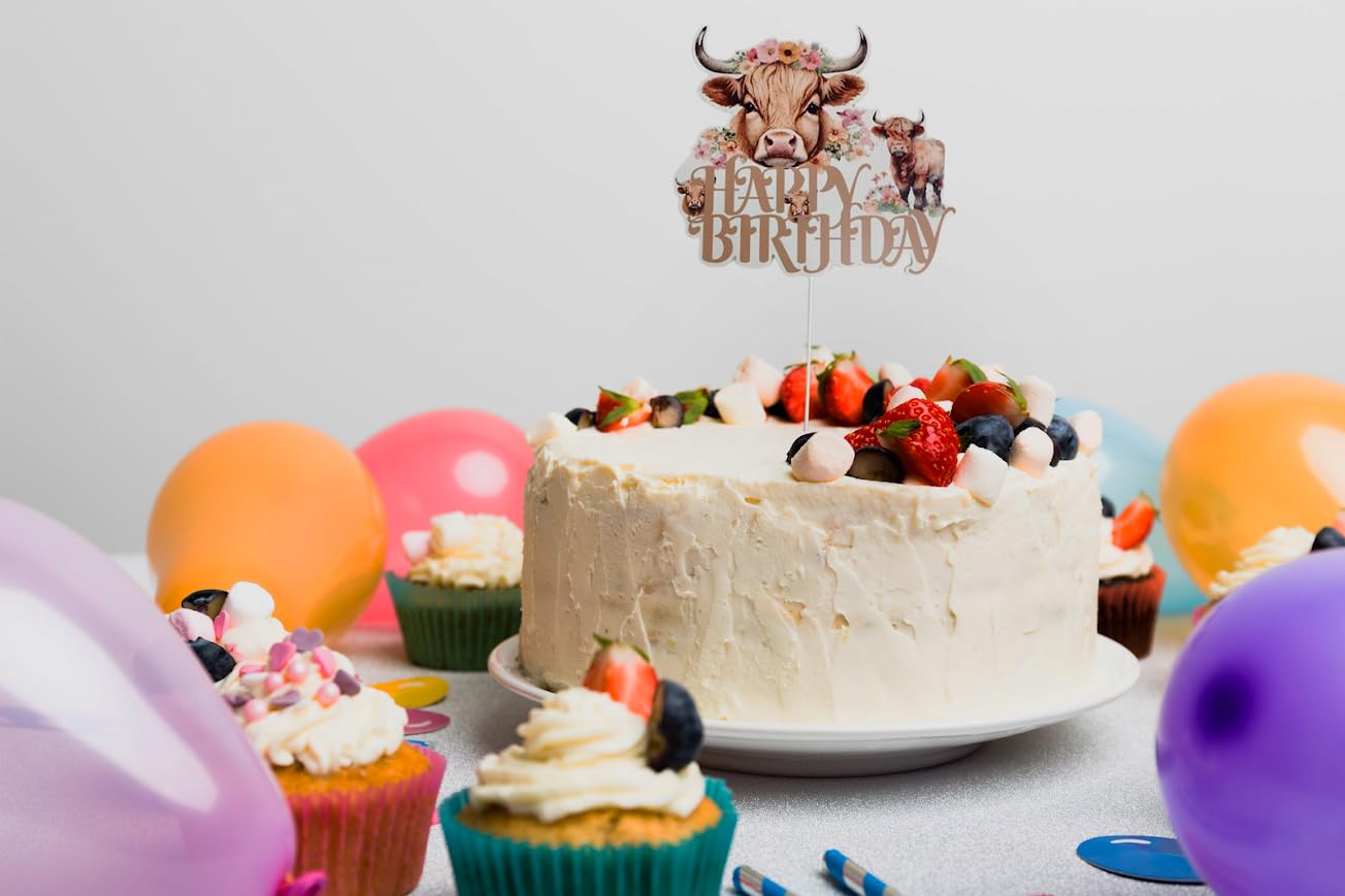 6.7x7.6 Inch Highland Cow Happy Birthday Cake Topper Paper - Highlands Cow Birthday Party Supplies - Brown Glitter Highland Cow Cake Decor for Western Cowboy Theme - Birthday Party Baby Shower