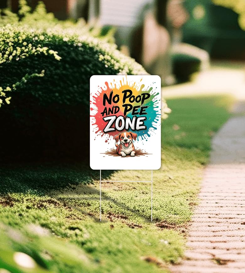 3X Double Sided 12x8 Inches Plastic Sign "No Poop and Pee Zone" - Signs With H-Stakes Pick Up After Your Dogs - Signage No Pooping and Peeing Dog for Yard - Keep Animals Off Grass and Clean Up After