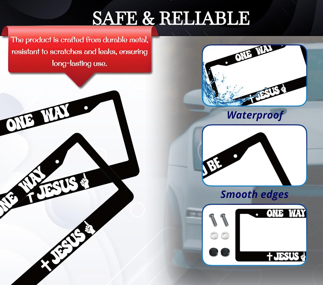 6x12.25 Inch Christian License Plate Frame with Quote One Way Jesus with 2 Holes and Screws - Fun Frames for Car Accessories - Decorative Aluminium License Plate Frames for Front or Rear Car