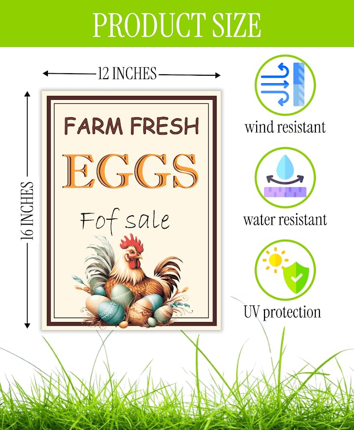 Set of 3 Double Sided 12x16 Inches Farm Fresh Eggs For Sale Sign with Metal H-Stakes - Fresh Chicken Eggs For Sale Sign - Plastic Farm Fresh Eggs Sold Here Yard Sign - Signs Chicken Coop Decoration