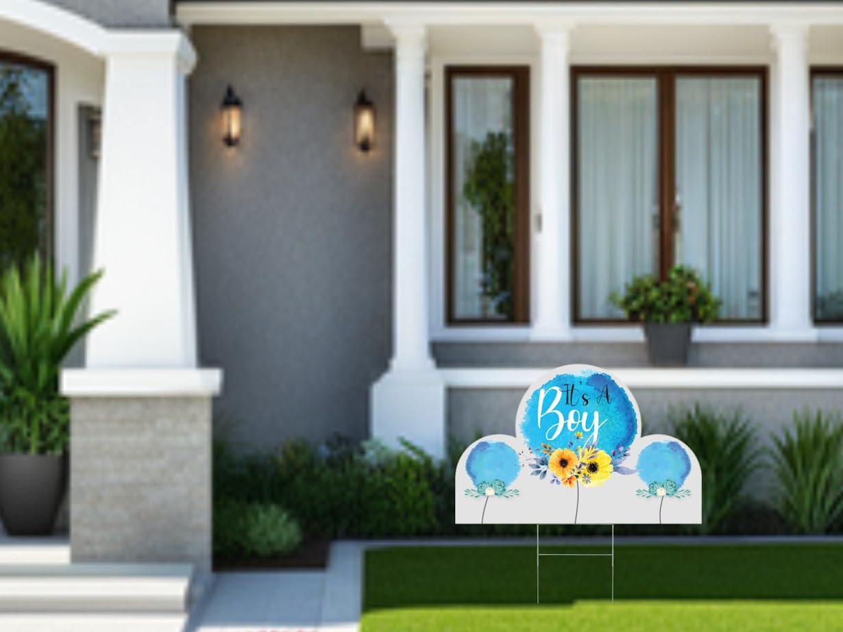 8x12 Inch 3X Double Sided It's A Boy Yard Plastic Sign with Stakes - Floral Baby Shower Party Decorations - Welcome Home Baby Lawn Sign - Gender Reveal Party Decorations Supplies for Outdoor Garden