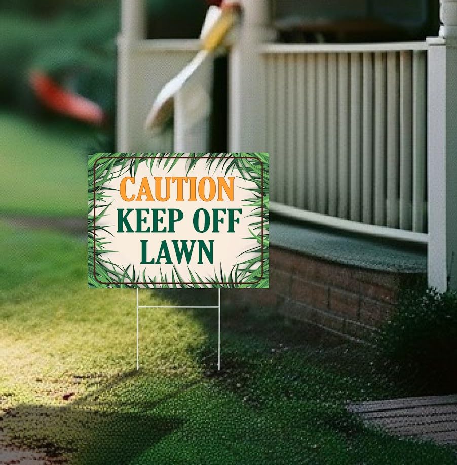 Set of 3 Double Sided 12x8 Inches Plastic Sign "Caution Keep of Lawn" Metal H-Stakes - Plastic Warning Yard Sign for Lawn Grass - Neighborhood Street Caution Yard Signs - Please Keep of Lawns