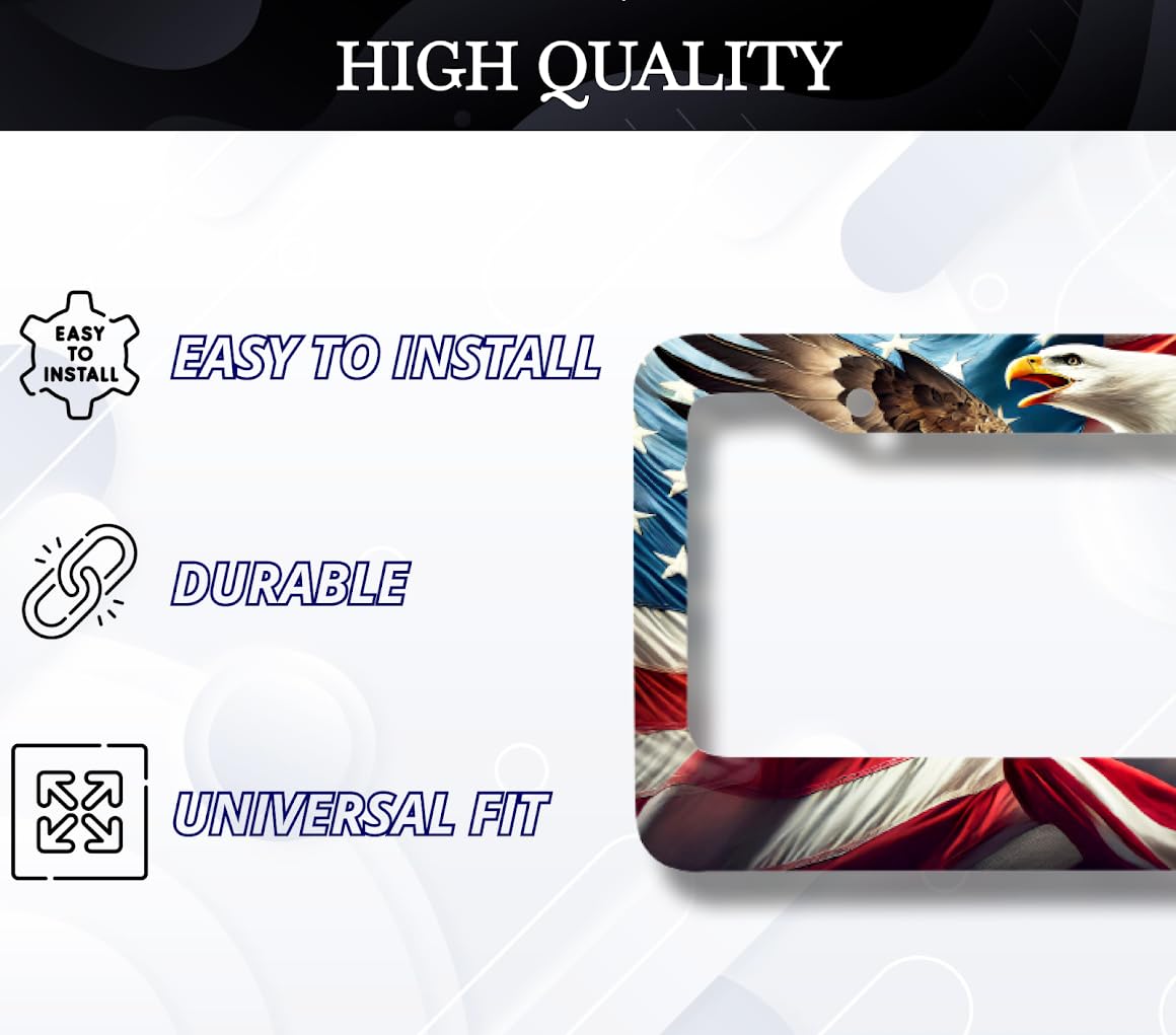 Personalized License Plate Frame 6x12.25 Inches - in The National Colors of American - Bald Eagle Print with 2 Standard Slotted Mounting Holes - Aluminum Alloy Frames for Number