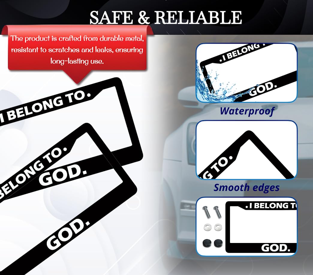 6x12.25 Inch Christian License Plate Frame with Quote I Belong to God with 2 Standard Slotted Mounting Holes and Screws - Decorated Aluminium Accessories Frame for USA Standard Cars