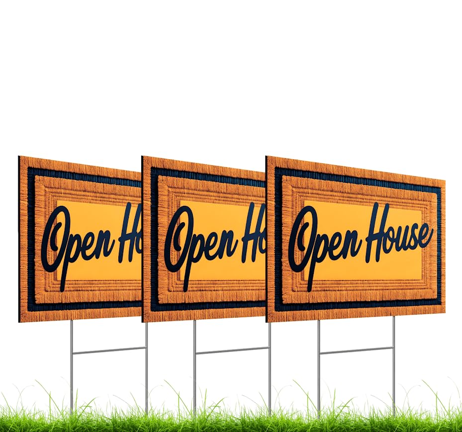 Set of 3 Double Sided 12x16 Inches Plastic Sign With H-Stakes "Open House" - Signs for Real Estate Agent Supplies - for Sale or Rent by Owner Yard Signage - Pointers for Brokerage Companies