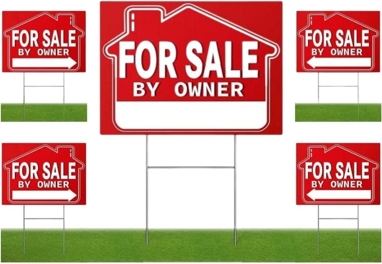 5 Pack 12x16 For Sale By Owner Yard Plastic Sign - Yard Double Sided Signs with Metal H Stakes - Sign for Real Estate Agent Realtor Supplies Real Estate Signs - House For Sale for Home Owners