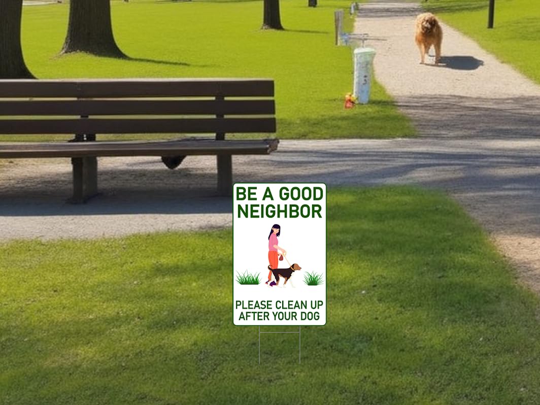12x8 Double Sided Please Be a Good Neighbors Please Clean Up After Your Dog Plastic Sign with Metal Wire H-Stakes - No Poop for Lawn or No Pooping Dog Signs for Yard - No Dogs or Keep off Grass Sign