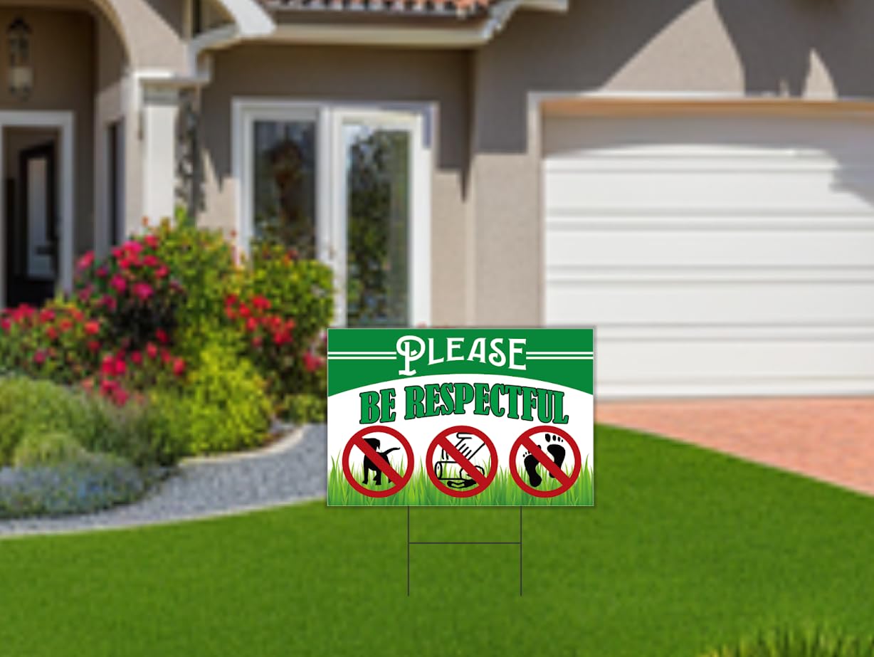 Pack of 3 Be Respectful Dog Plastic Sign 8x12 Inch Double Sided - No Dog Poop Signs for Yard - Pick Up After Your Dog Sign - No Pets No Dogs Allowed or Please Keep Off Grass Lawn Signs with Stakes