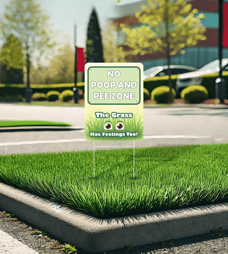 Set of 3 Double Sided 12x8 Inches Plastic Sign "No Poop and Pee Zone The Grass Has Feeling Too" - Pick Up After Your Dogs Signage With H-Stakes - Dont Let Dog On Clean Lawn For Yard and Grass
