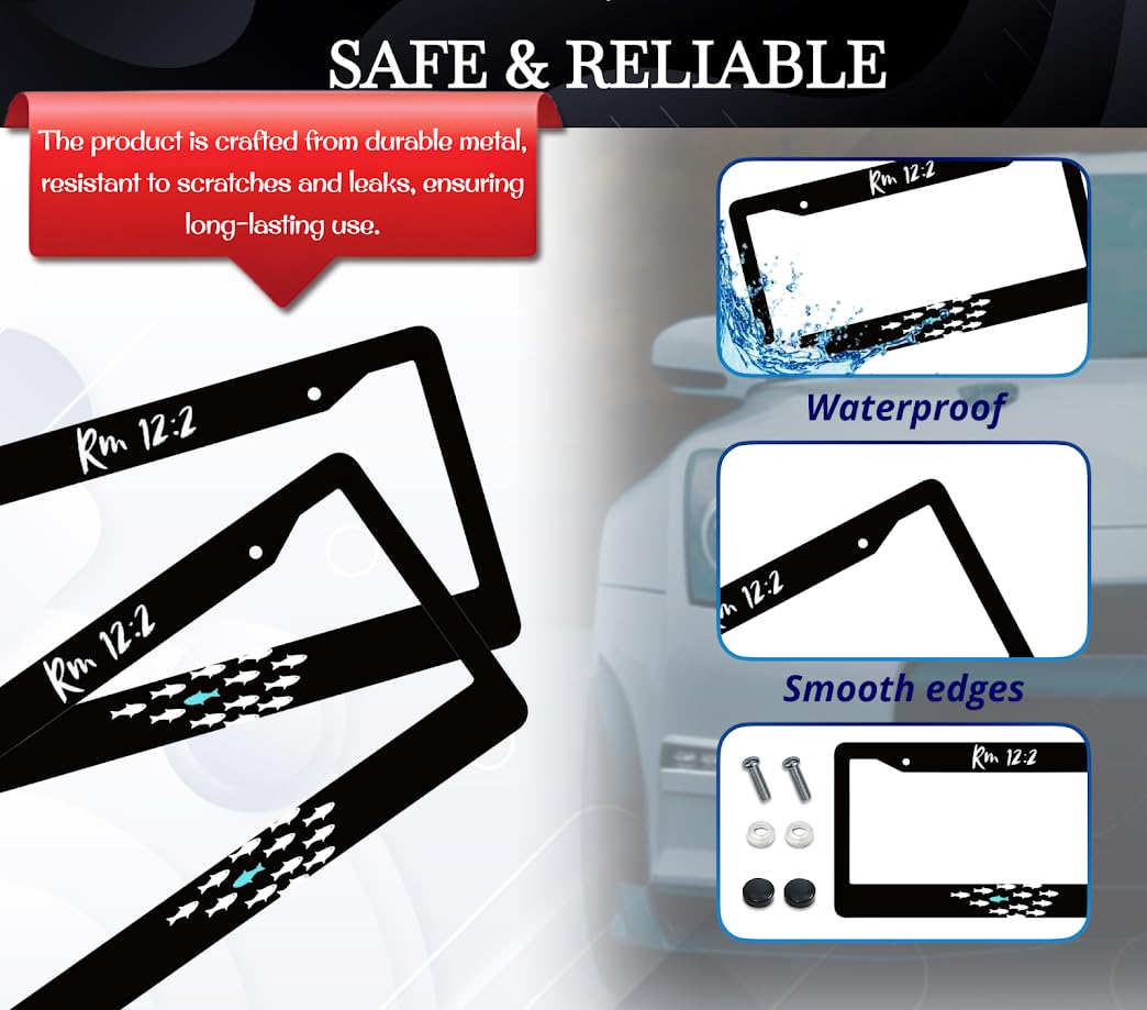 6x12.25 inch Personalized Car Black License Plate Frame with Quote Rm 12:2" with 2 Holes and Screws - Aluminium Fish Auto License Plate Frame Accessory for Standard Cars USA for Front or Rear