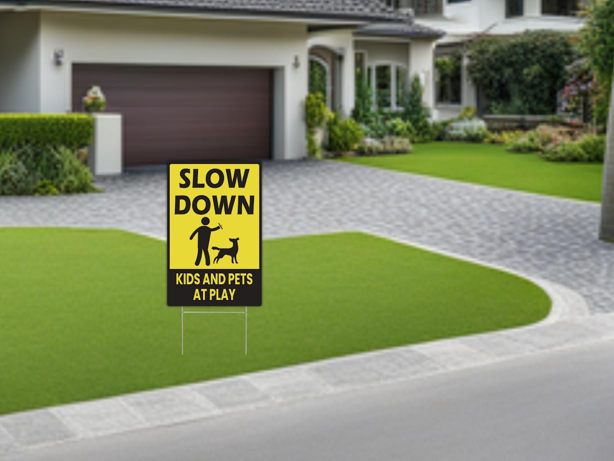 3X Plastic Slow Down Kids and Pets at Play Outdoor Safety Yard Sign With H-Stakes 12x8 Inch - Drive Carefully Like Your Children Live Here - Beware Children in Play with Pet Signs Double Sided