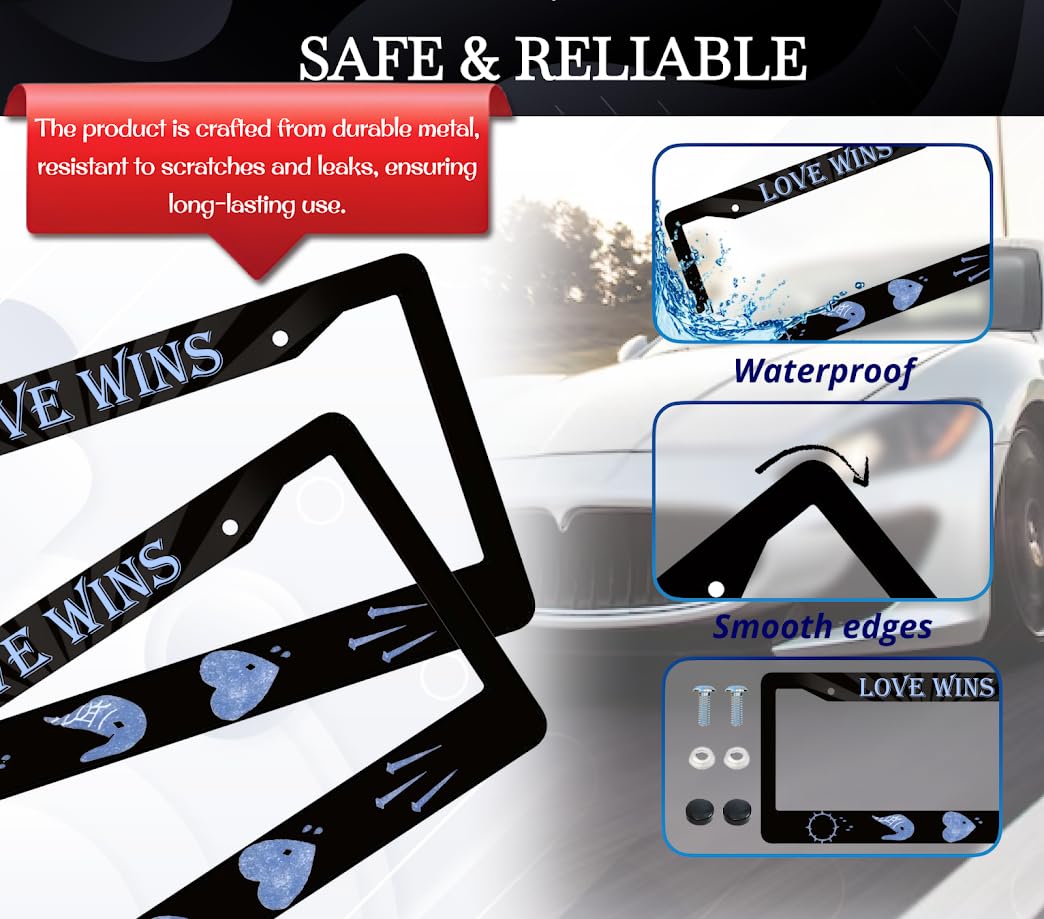 6x12.25 Inch Car Heart License Plate Frame with Quote Love Wins with 2 Holes and Screws - Black License Plate Frame for Standard Cars USA - Aluminium Plate Frame for Front or Rear Number