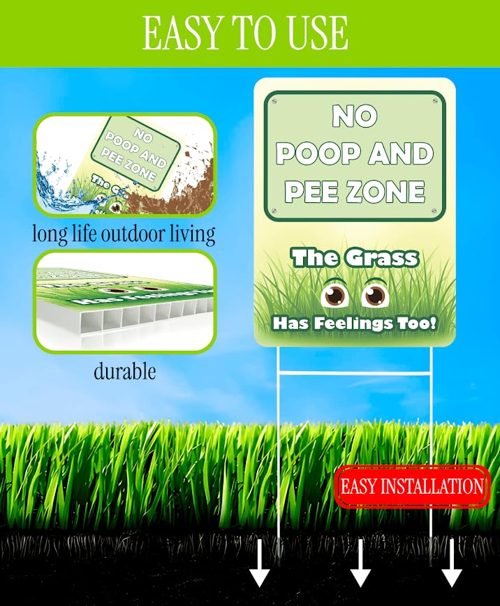 Set of 3 Double Sided 12x8 Inches Plastic Sign "No Poop and Pee Zone The Grass Has Feeling Too" - Pick Up After Your Dogs Signage With H-Stakes - Dont Let Dog On Clean Lawn For Yard and Grass