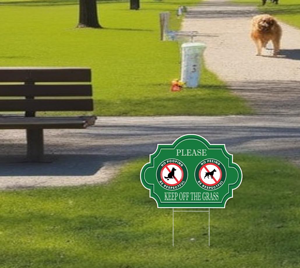 Pack of 3 No Peeing and No Pooping Dog Sign - 12x8 inch Double Plastic Sided Please Be Respectful Keep Off The Grass Yard Signs with Metal Wire H-Stakes - No Dog Poop Signs for Yard Outdoor