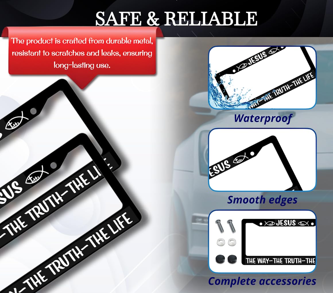 Black Car License Plate Frame 6x12.25 Inch - Stainless Steel Frame - for US Standard License Plate Jesus The Way The Truth The Life Christian - Religious Frame with 2 Holes and Screws