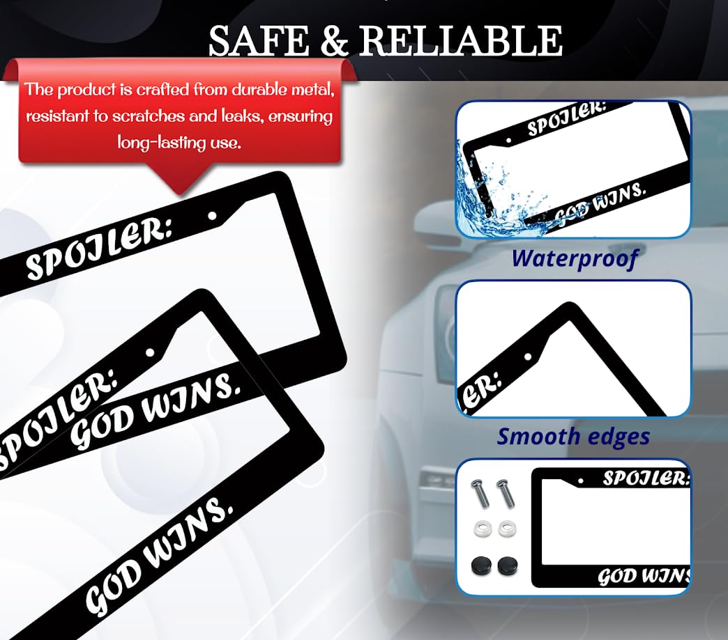 6x12.25 Inches License Plate Frame with Quote Spoiler: God Wins with 2 Standard Slotted Mounting Holes and Screws- Aluminium Accessories for Your Car Decorated - Frames for Your Number Auto