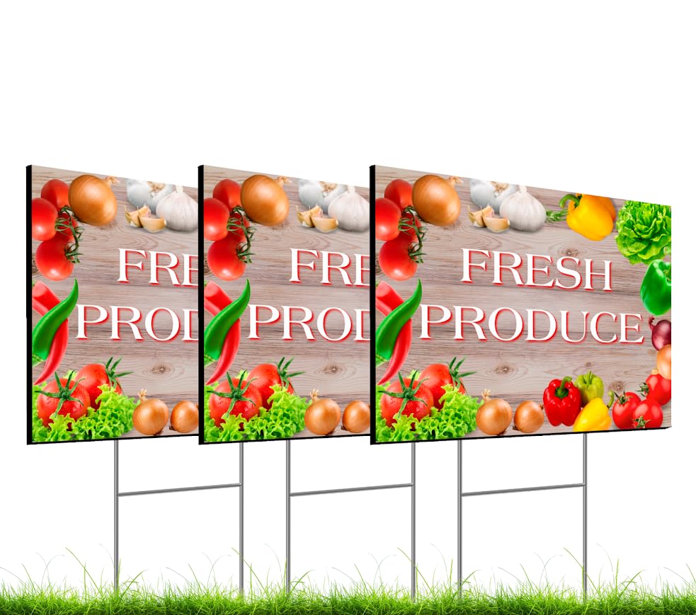 Set of 3 Double Sided 12x16 Inches Fresh Produce Sign with Metal H-Stakes - Vegetable Sign Outdoor or Indoor Yard Signs - Plastic Fresh Produce Event Signage for Outside Business
