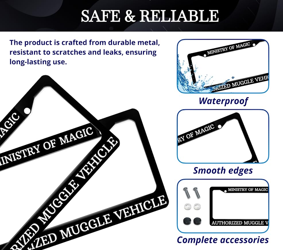 6x12.25 Inch Personalized License Plate Frame Ministry of Magic Authorized Muggle Vehicle - Metal Black Car Frames with 2 Holes and Screws - Standart Cars USA Frame for Front and Rear