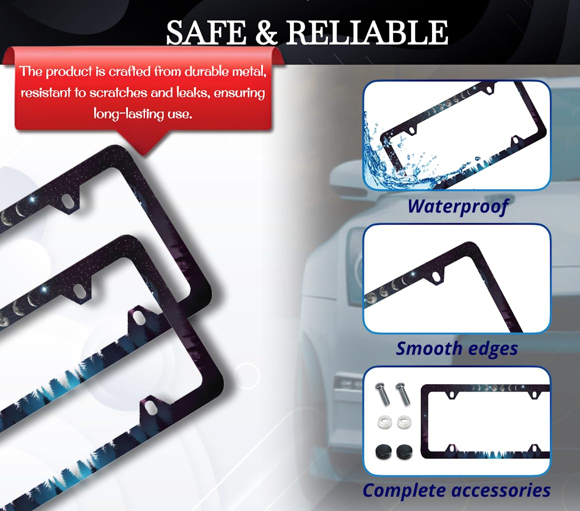 License Plate Frame 6x12.25 Inches - Night Starry Sky Night Forest Moon Phases with 4 Standard Slotted Mounting Holes - Unique Printed License Plate Frames - Stainless Steel Frames to Your Car