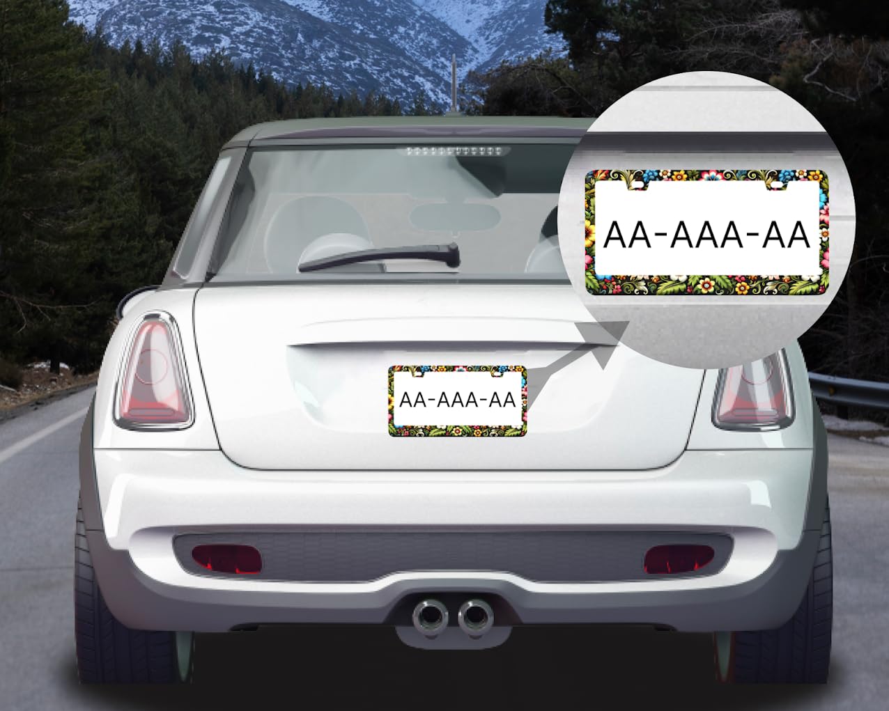 License Plate Frame 6x12.25 Inch - Multicolored Flowers on Black Background - with 2 Holes and Screws - Stainless Steel Number Frame with Print - US Standard License Plate Frames Car Accessory
