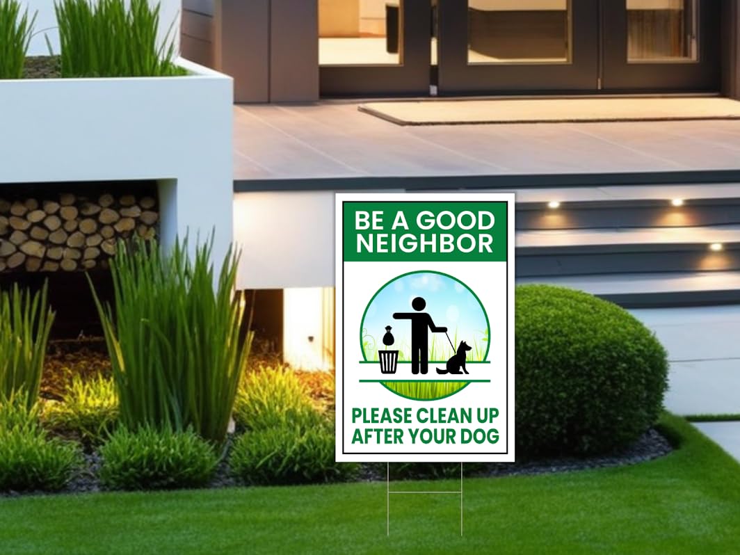 12x8 3X Neighbor Clean Up After Your Dogs Plastic Signs - No Dog Poop Double Sided Sign for Yard - No Dogs Allowed or Keep off Grass Sign - Curb Your Dog no Pooping and Peeing Lawn Signs with Stakes
