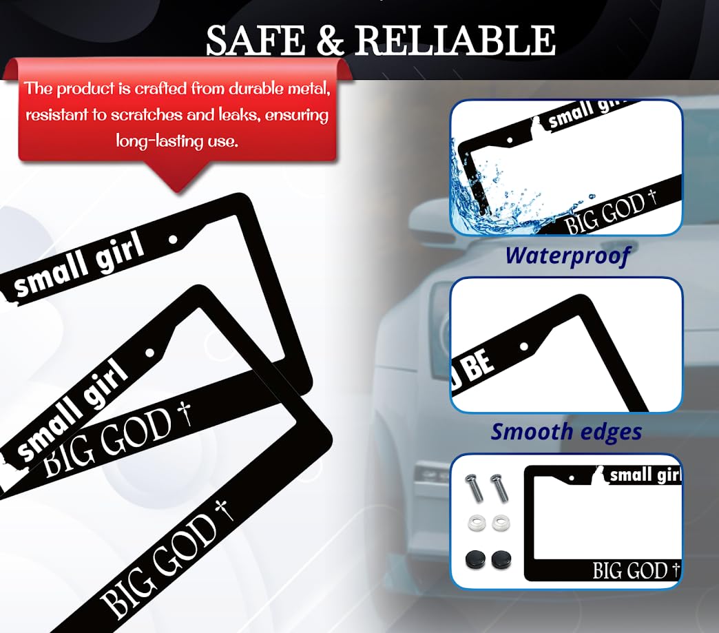 6x12.25 Inch Car Jesus License Plate Frame with Quote Small Girl - Big God with 2 Holes and Screws - Black License Plate Frame for Standard Cars USA - Aluminium Plate Frame for Front or Rear