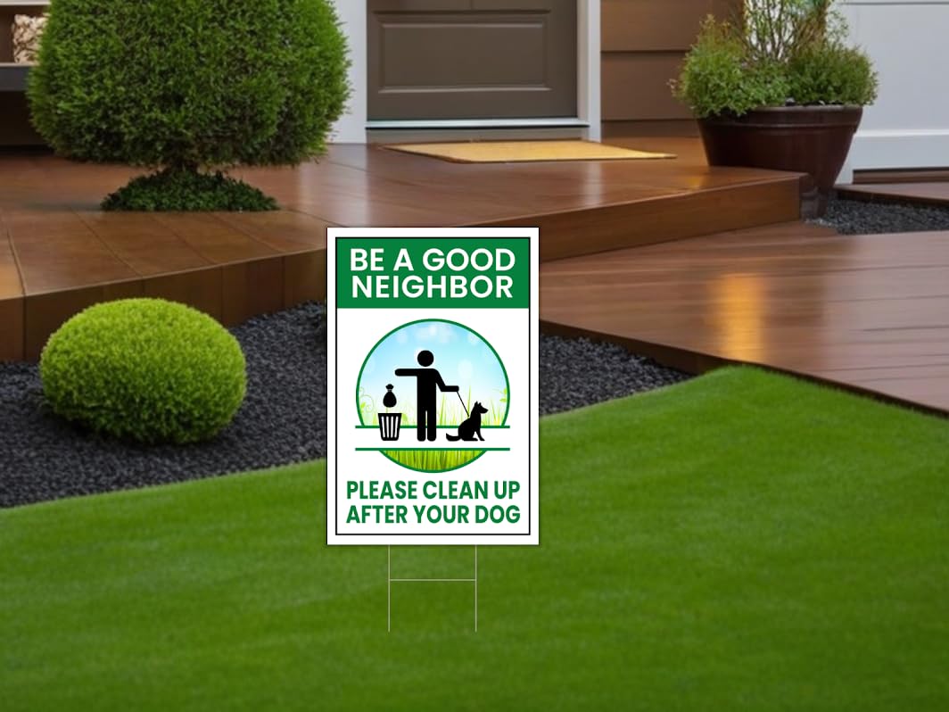12x8 3X Neighbor Clean Up After Your Dogs Plastic Signs - No Dog Poop Double Sided Sign for Yard - No Dogs Allowed or Keep off Grass Sign - Curb Your Dog no Pooping and Peeing Lawn Signs with Stakes