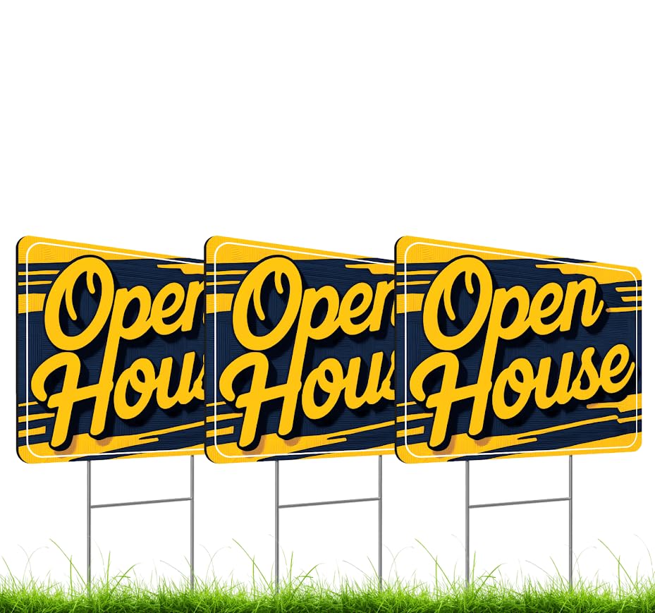 Set of 3 Double Sided 12x16 Inches Plastic Sign With H-Stakes "Open House" - For Sale By Owner Yard Signs - Renting Out Through a Real Estate Agency - Signage for Private Real Estate Brokerage Firms