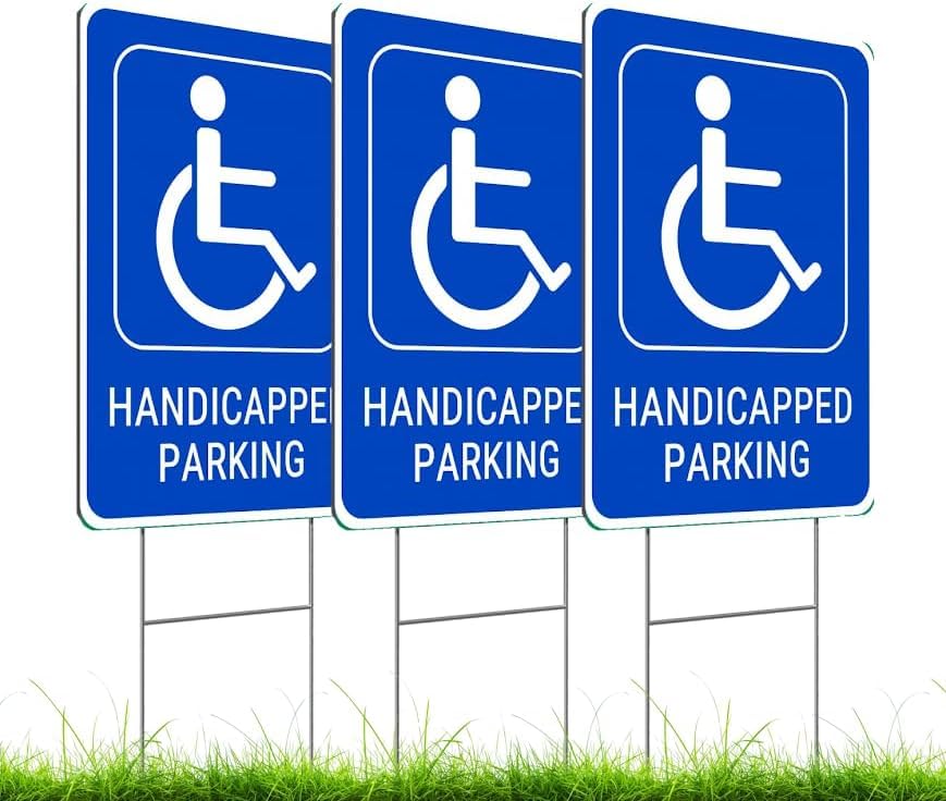 Set of 3 Handicapped Parking Sign with Metal Wire H-Stakes - Double Sided Plastic Reserved Parking Signs - 12x16 Inches Yard for Handicapped Only Signs with Parking Space for Inside or Outside