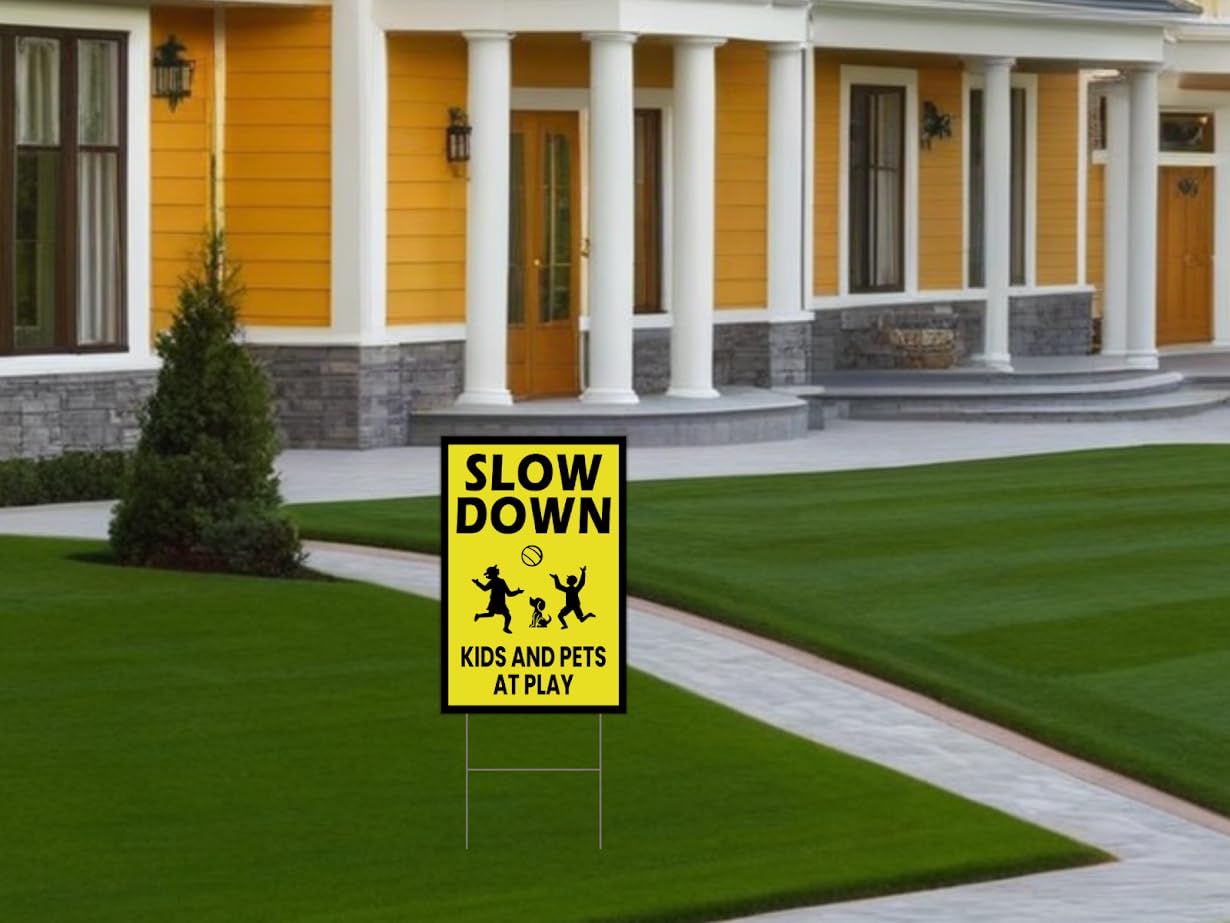 3 Pack Single Sided 8x12 Please Slow Down Kids and Pets at Play Yard Plastic Sign with Metal H-Stakes - Children At Play - Drive Like Your Kids Live Here Safety signs for Street - Cat Crossing Sign