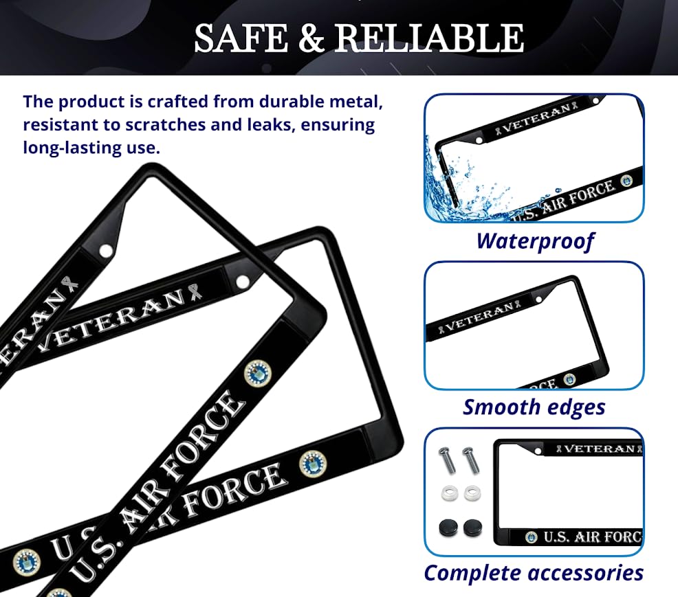 Car License Plate Frame US Air Force Veteran - Standart Cars USA Stainless Steel Frame for Front and Rear - Metal Plate Frame with 2 Holes and Screws 6x12.25 inches - Metal License Plate USA