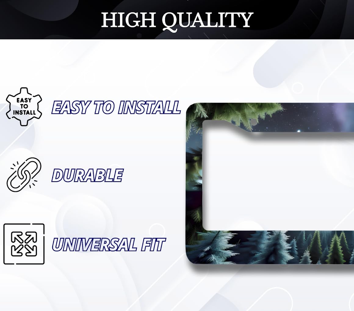 License Plate Frames 6x12.25 Inches - Dark Soft Tones Mysterious Dark Forest with 2 Standard Slotted Mounting Holes - Night Starry Sky Background - Stainless Steel Frame for Your Car