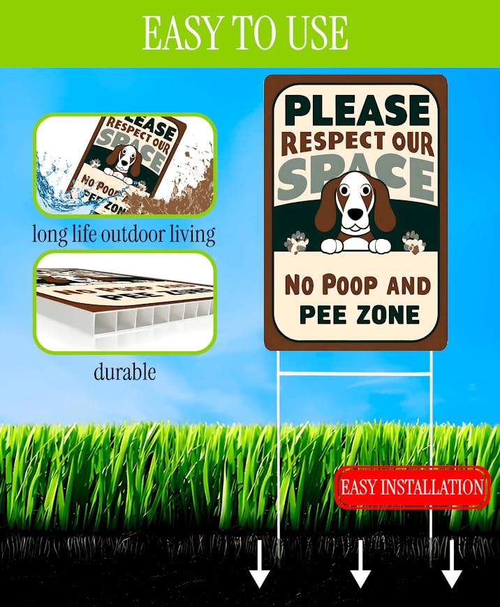 3X Double Sided 12x8 Inches Plastic Sign "Please Respect Our Space and No Poop and Pee Zone" - No Dog Poop Signs With H-Stakes for Yard - Please Clean Up After Your Pet - No Pooping Dog for Garden