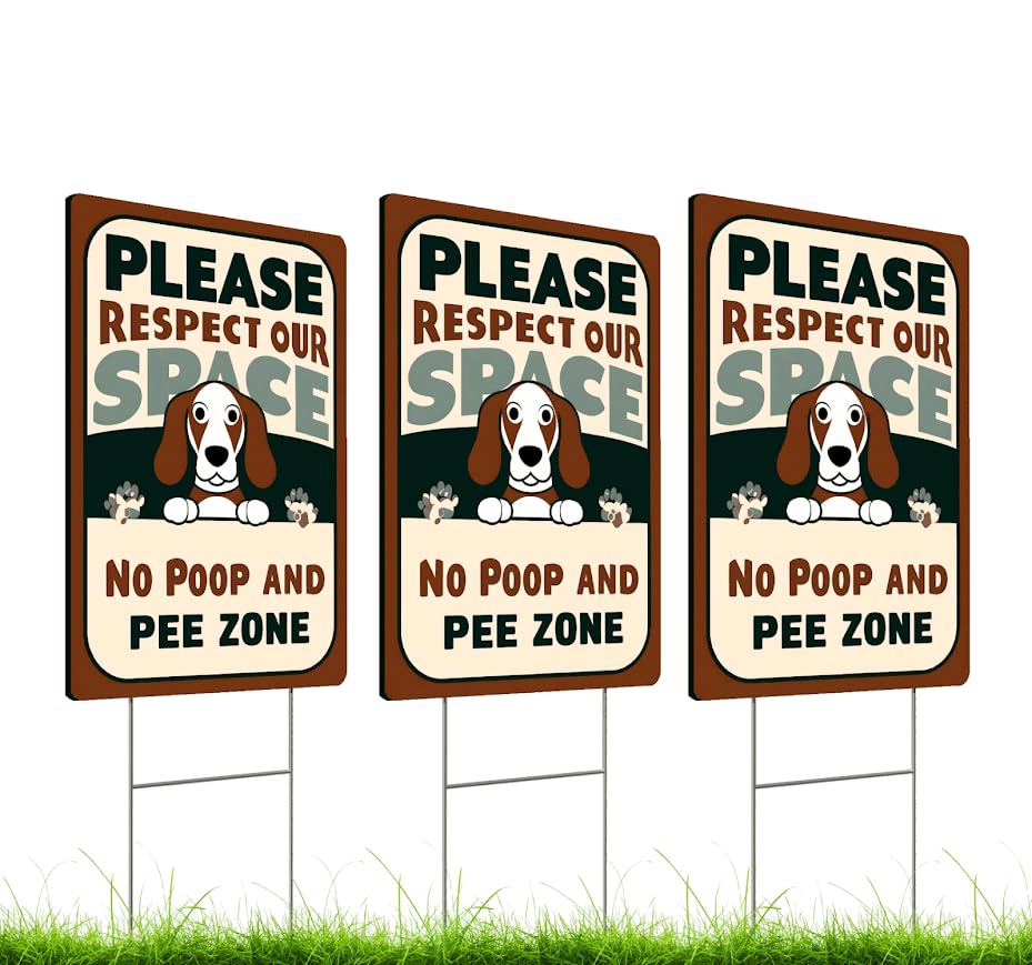 3X Double Sided 12x8 Inches Plastic Sign "Please Respect Our Space and No Poop and Pee Zone" - No Dog Poop Signs With H-Stakes for Yard - Please Clean Up After Your Pet - No Pooping Dog for Garden
