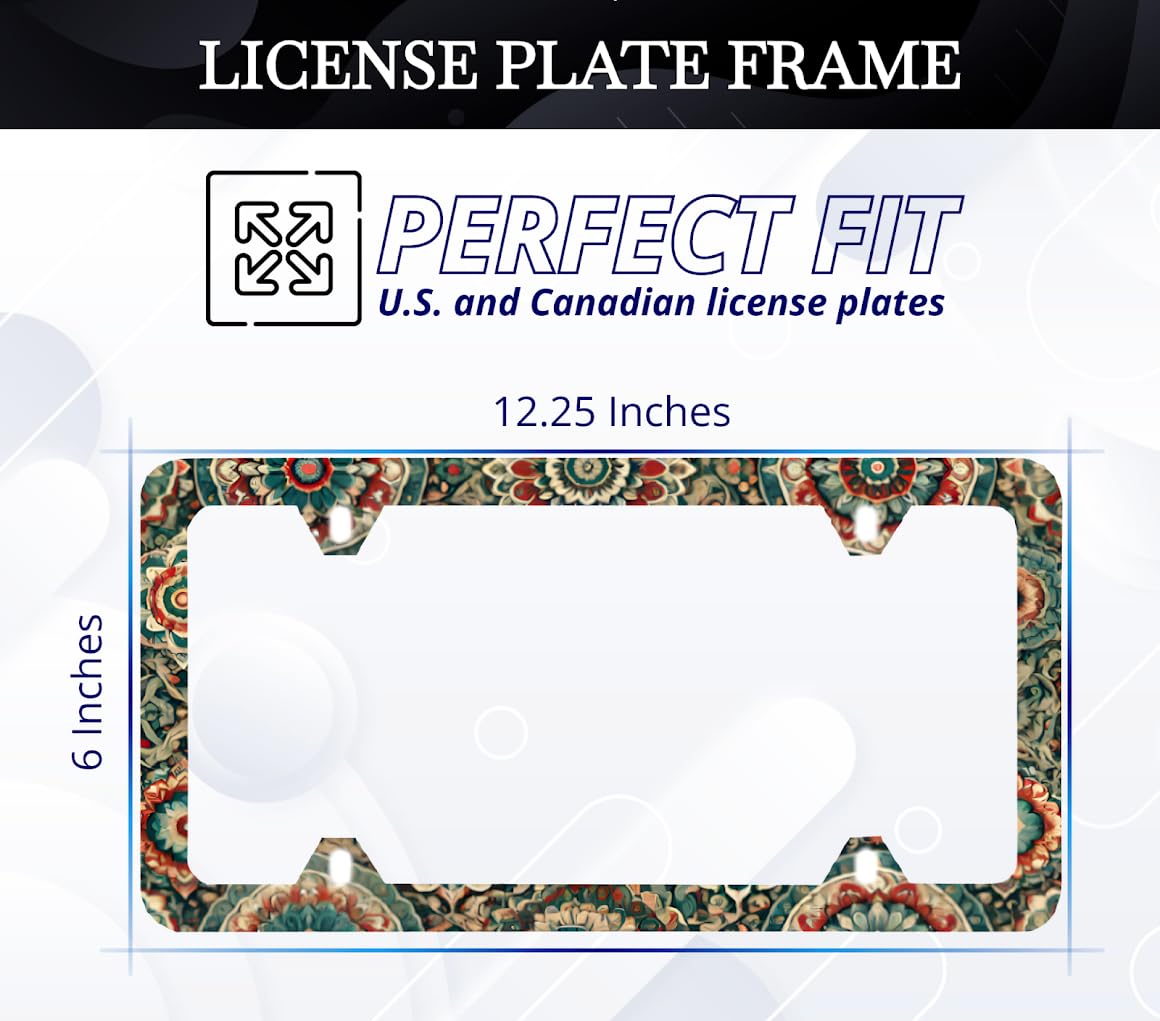 License Plate Frame for US Standard Frame 6x12.25 Inch - Vintage Style with Mandala Flowers with 4 Holes and Screws - Boho Style License Plate Frames of Your Number
