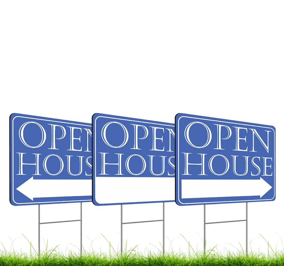 Set of 3 Double Sided 12x16 Inches Plastic Sign With H-Stakes "Open House" - Realtor Supplies for Your Yard or Area - Brokerage Companies by Real Estate - Signage Agents for the Sale of Your Property