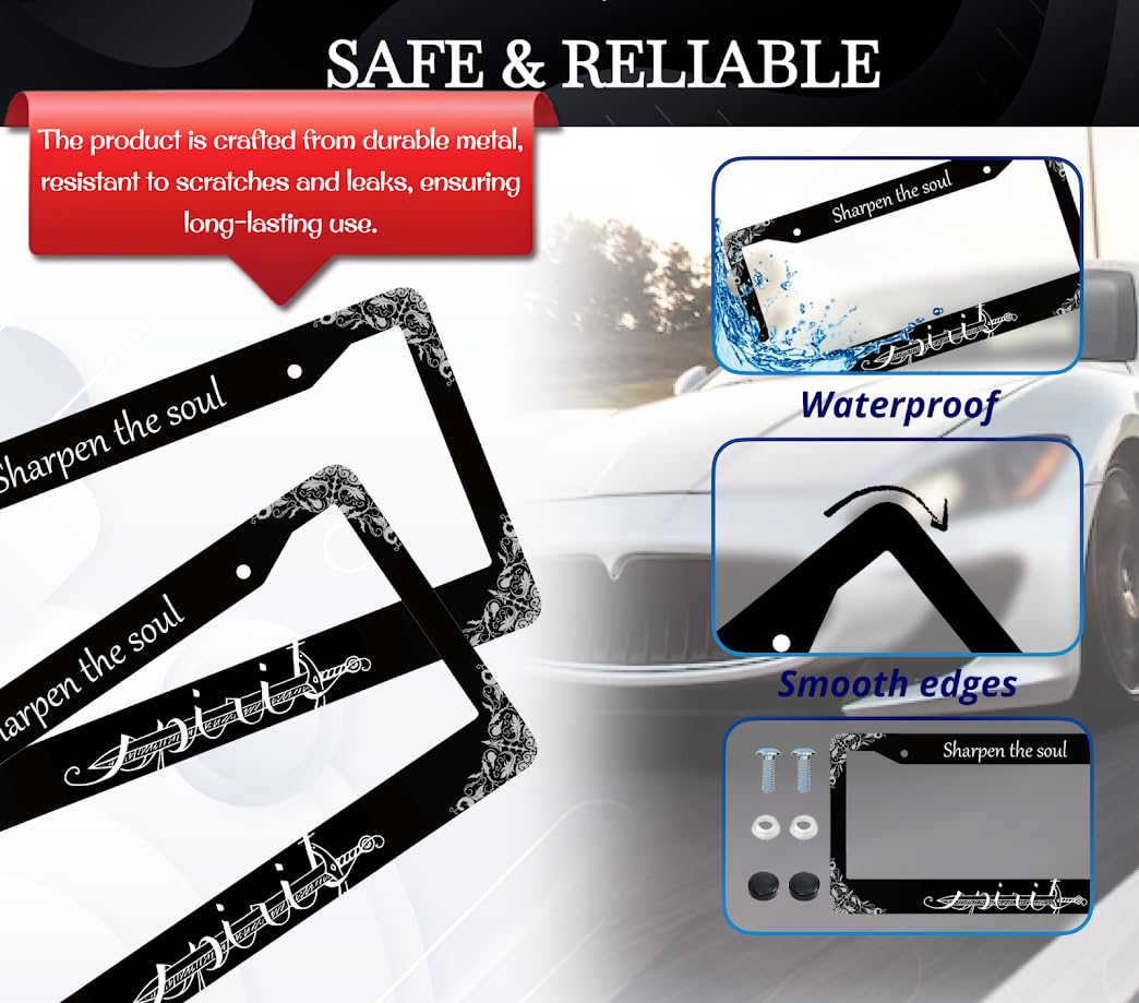 6x12.25 Inches Black License Plate Frame with Quote Sharpen The Soul with 2 Standard Slotted Mounting Holes and Screws - Aluminium Accessories for Your Number - Decorated Frames for Car