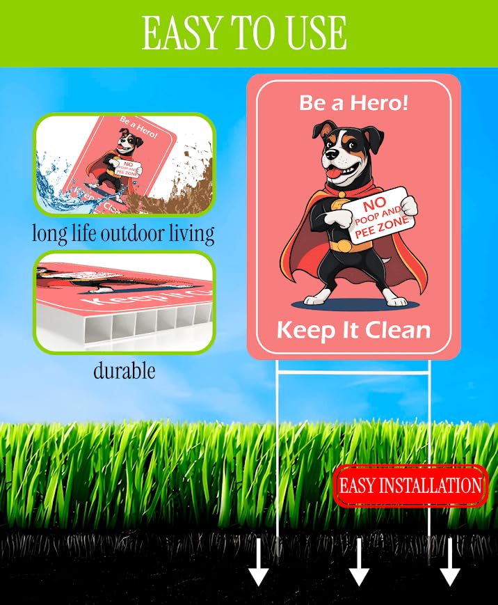 Set of 3 Double Sided 12x8 Inches Plastic Sign With H-Stakes "Be a Hero! No Poop and Pee Zone Keep it Clean" - No Pooping and Peeing Dogs for Yard - Please Clean After Your Animals in the Lawn