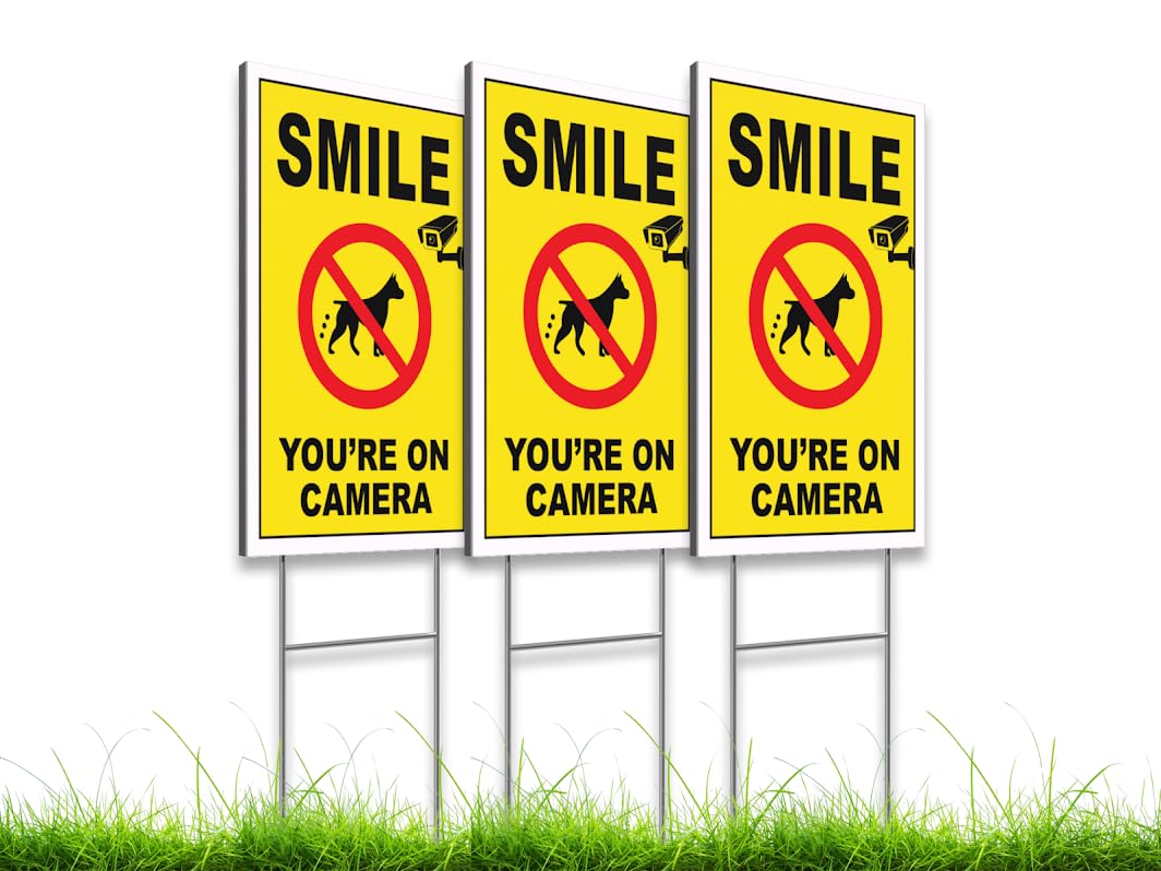 3X 8x12 Inch Smile Your on Camera Plastic Signs with Stake - No Tresspassing Private Property Video Surveillance Home Security Yard Sign - Warning for Property Single Sided Signs off Lawn Outdoor