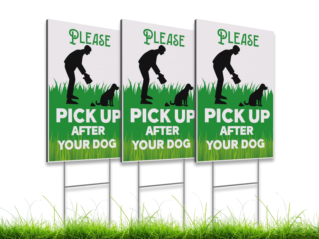 3X Sign Pick Up After Your Dogs - Single Sides Printed 8x12 inch No Poop Plastic Signs for Yard - Sign Clean Up After Your Dog with Metal Wire H-Stakes - Please No Dog Signs No Pooping and Peeing
