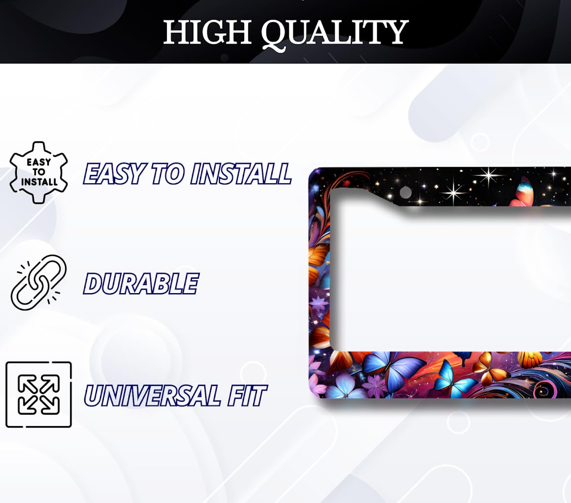 License Plate Frame for US Standard 6x12.25 Inch Print Multi Color Butterflies - Black Background with 2 Standard Slotted Mounting Holes - Stainless Steel Frame Original Accessory Car
