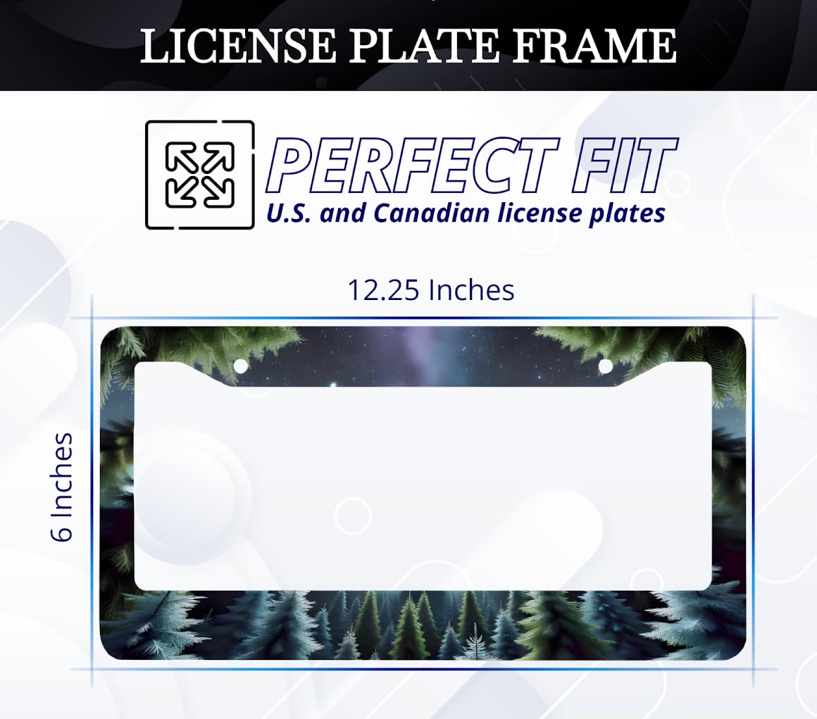 License Plate Frames 6x12.25 Inches - Dark Soft Tones Mysterious Dark Forest with 2 Standard Slotted Mounting Holes - Night Starry Sky Background - Stainless Steel Frame for Your Car