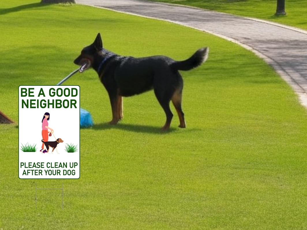 12x8 Double Sided Please Be a Good Neighbors Please Clean Up After Your Dog Plastic Sign with Metal Wire H-Stakes - No Poop for Lawn or No Pooping Dog Signs for Yard - No Dogs or Keep off Grass Sign