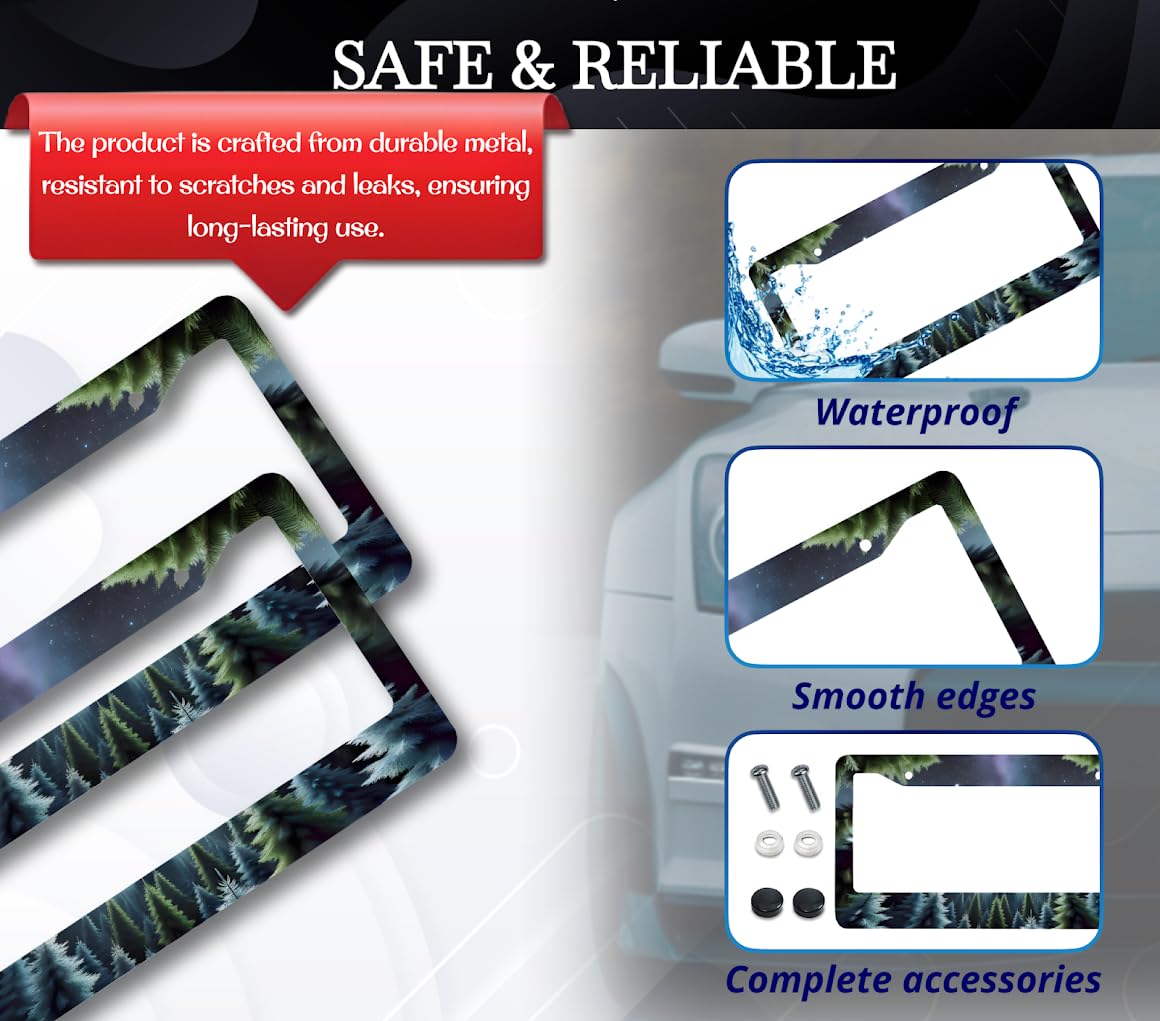 License Plate Frames 6x12.25 Inches - Dark Soft Tones Mysterious Dark Forest with 2 Standard Slotted Mounting Holes - Night Starry Sky Background - Stainless Steel Frame for Your Car
